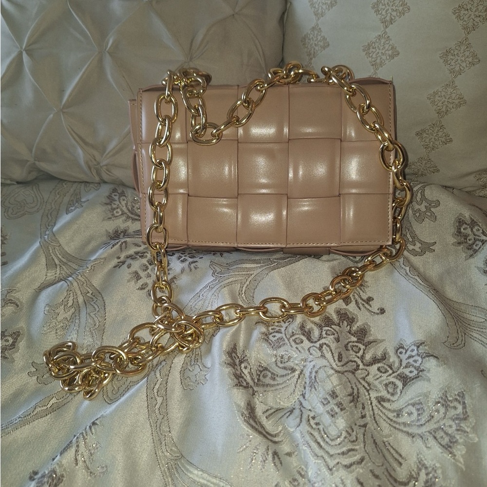 Tan Quilted Crossbody with Gold Chain
